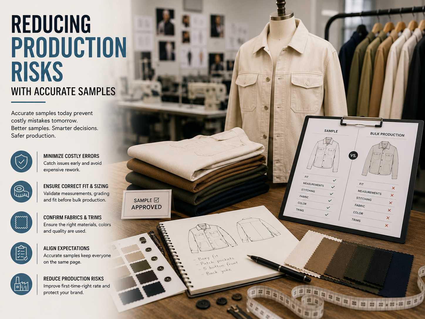 Reducing Production Risks with Accurate Samples A garment production workspace with stacked folded clothes, a "Sample Approved" tag, a mannequin in a denim jacket, and a clipboard comparing sample versus bulk production.