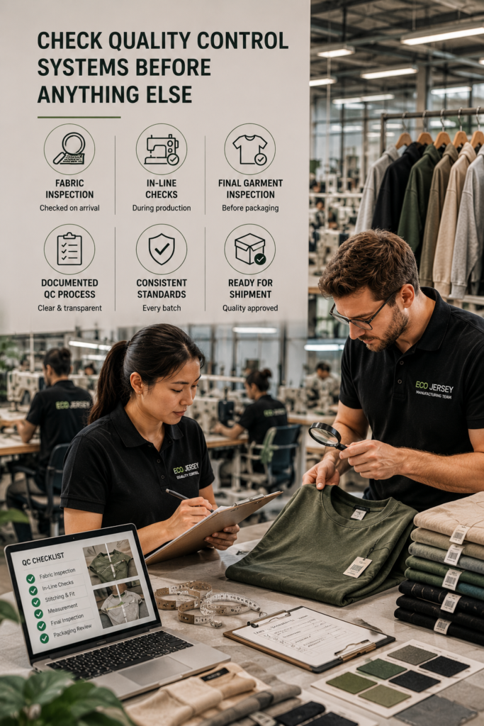Two apparel industry professionals reviewing garment quality and fabric samples inside a modern sustainable clothing manufacturing facility while discussing bulk apparel production requirements.