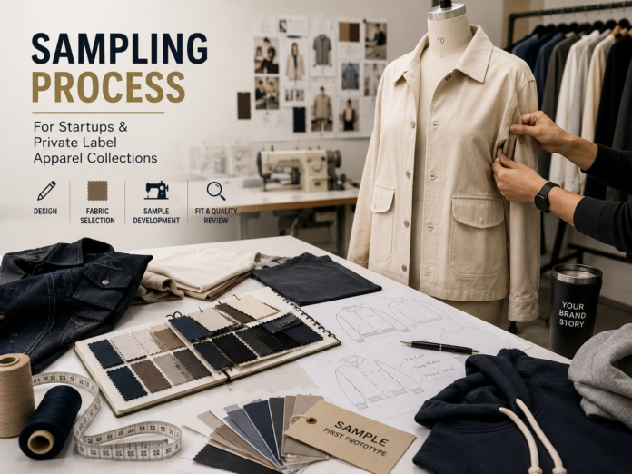 An eye-level view of a clothing sampling workspace split into two sections—a mannequin with a light jacket being adjusted by a person, clothing rack and pinned photos on a wall above, and a table with fabric swatches, measuring tape, a denim jacket, a clothing sketch, and a 