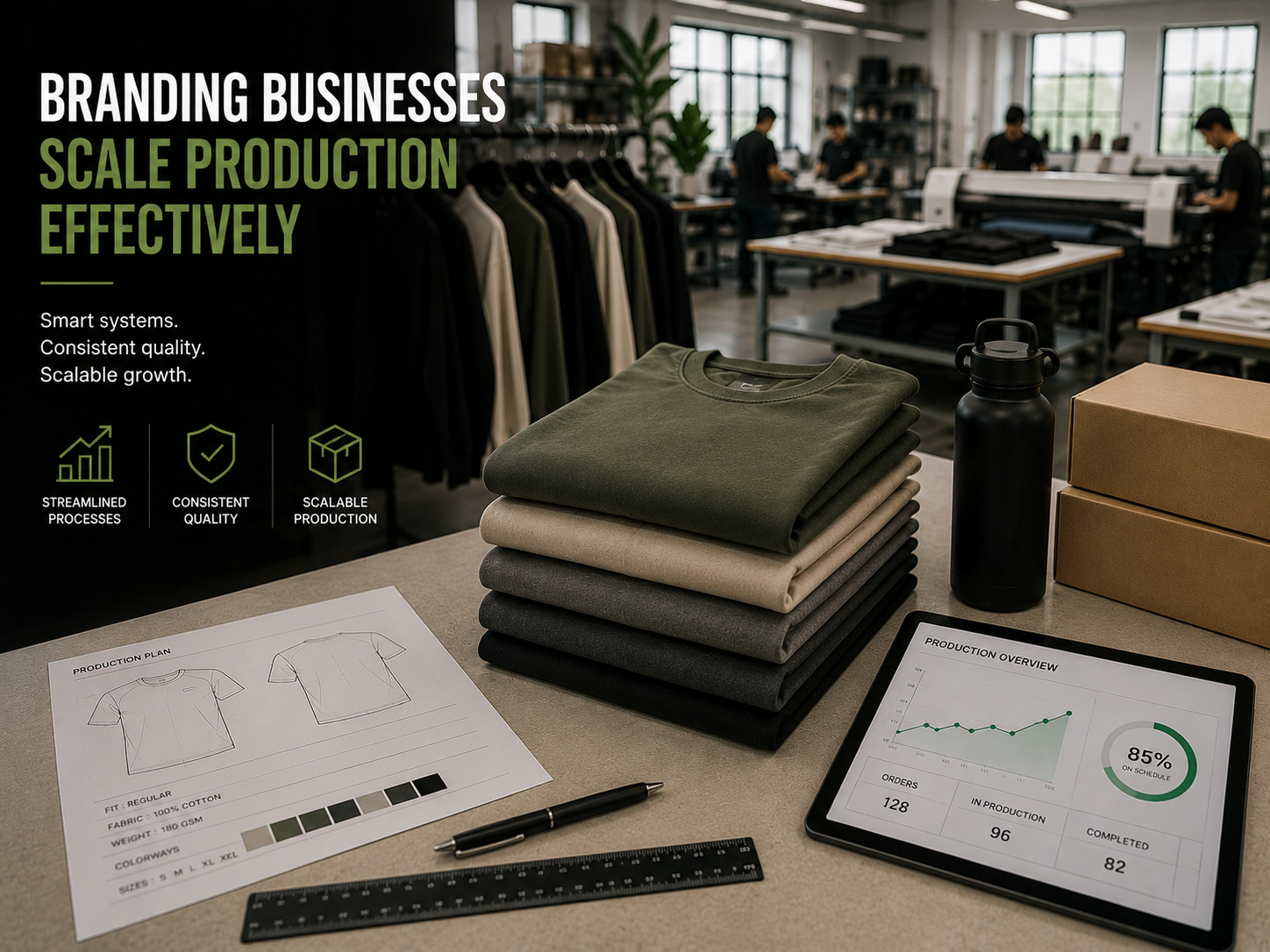 Branding Businesses Scale Production Effectively Modern apparel production workspace with folded garments, production planning tools, and scalable manufacturing setup.