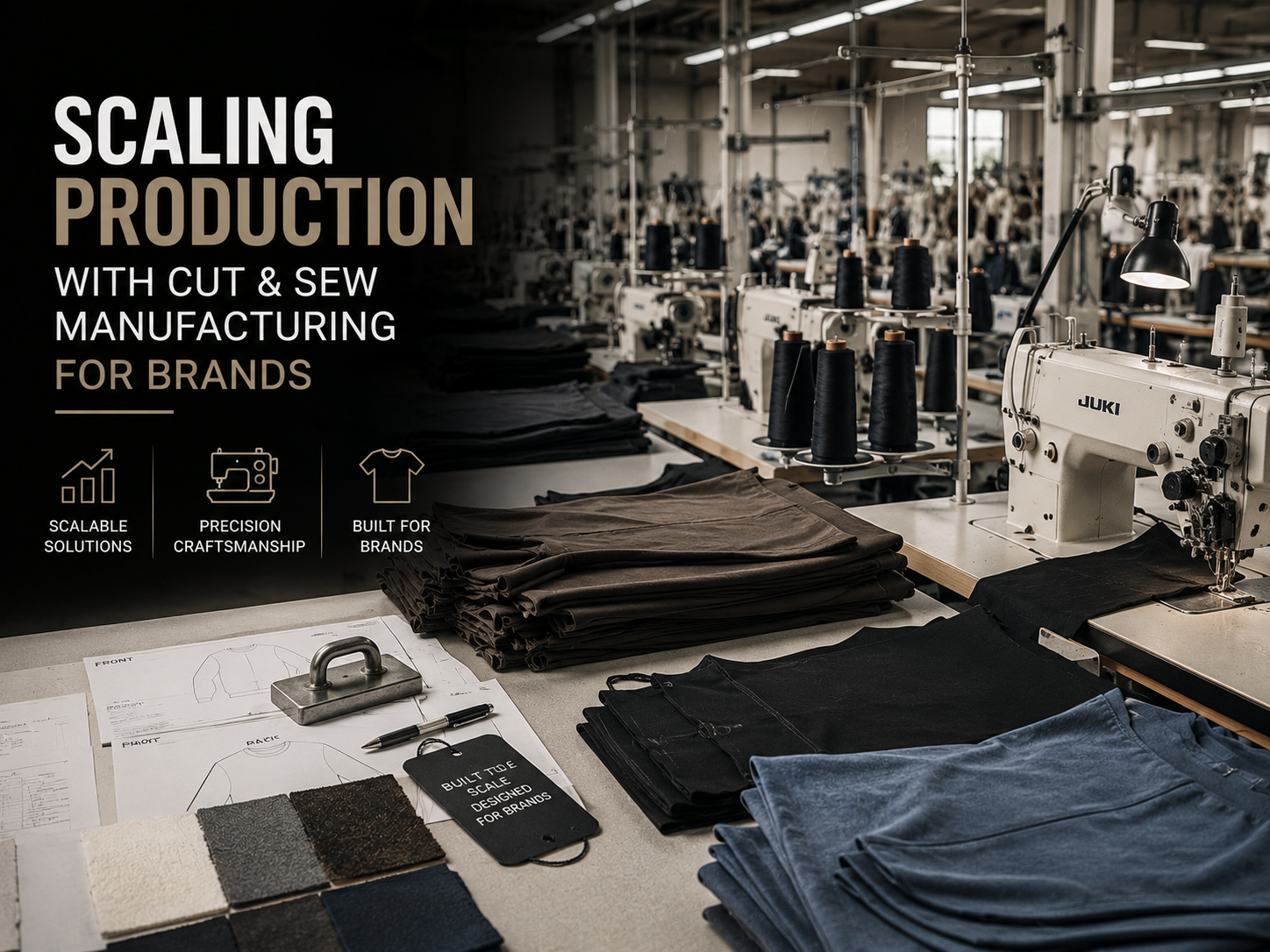Scaling Production with Cut and Sew Manufacturing for Brands Modern cut and sew apparel manufacturing production line with garment panels, industrial sewing machines, and scalable fashion production setup.