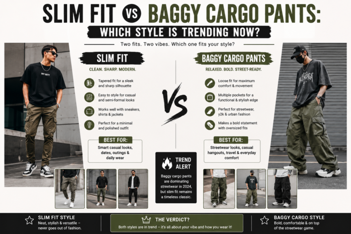 Modern cargo pants comparison image featuring slim fit cargo pants and baggy cargo pants with contemporary streetwear styling and urban fashion aesthetics.Featured image comparing slim fit and baggy cargo pants, highlighting differences in silhouette, comfort, utility styling, and current streetwear fashion trends.