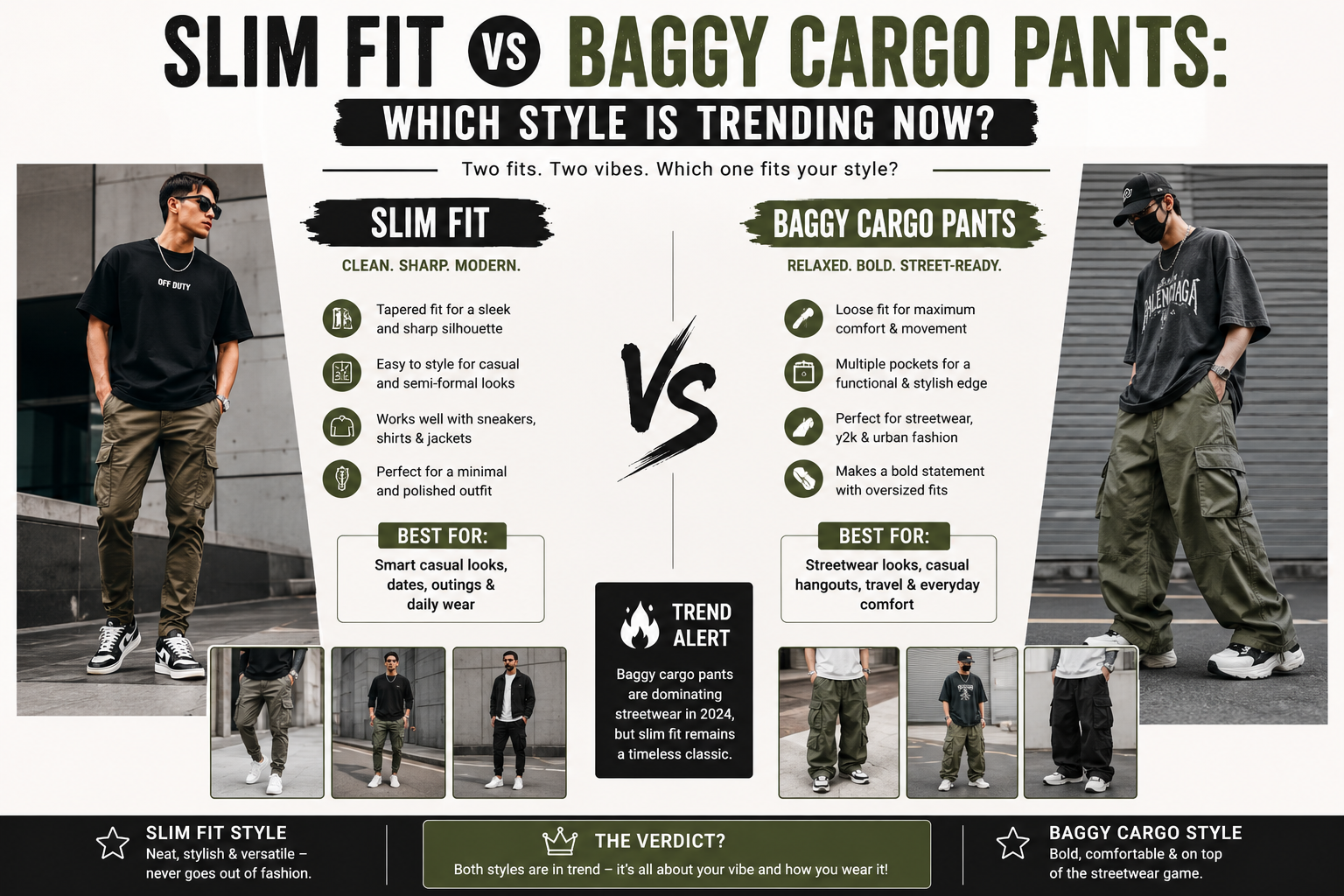 Slim Fit vs Baggy Cargo Pants: Which Style Is Trending Now Modern cargo pants comparison image featuring slim fit cargo pants and baggy cargo pants with contemporary streetwear styling and urban fashion aesthetics.Featured image comparing slim fit and baggy cargo pants, highlighting differences in silhouette, comfort, utility styling, and current streetwear fashion trends.