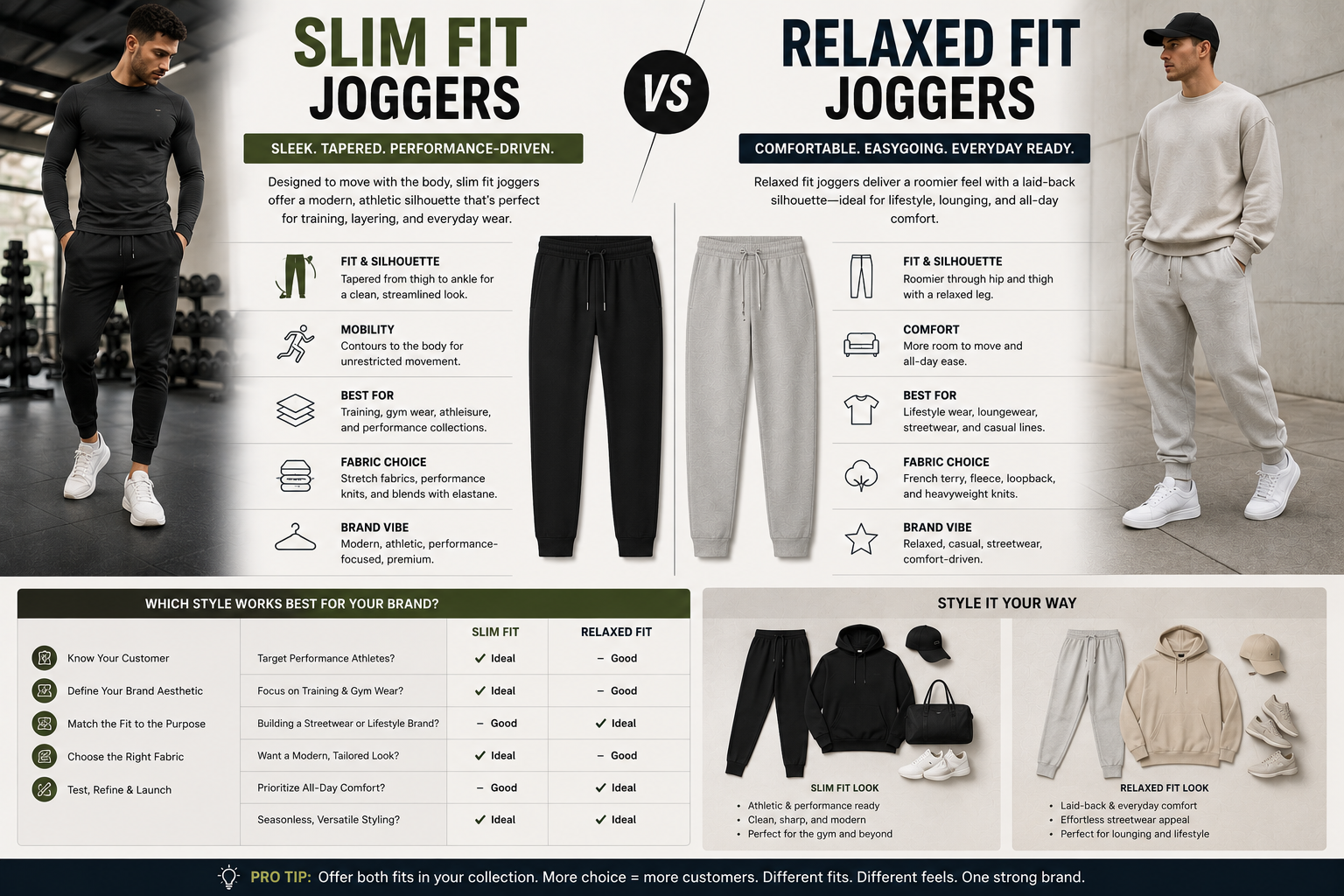 Slim Fit vs Relaxed Fit Joggers: Which Style Suits Your Brand Editorial-style comparison image featuring slim fit and relaxed fit joggers with modern activewear styling, clean branding elements, and premium fabric presentation.