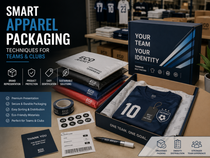 A well-lit flat lay of Eco Jersey apparel packaging solutions including a stack of wrapped jerseys, an open branded box displaying a team jersey, size tags, a thank you card, and other branded materials, emphasizing sustainable packaging and team identity.