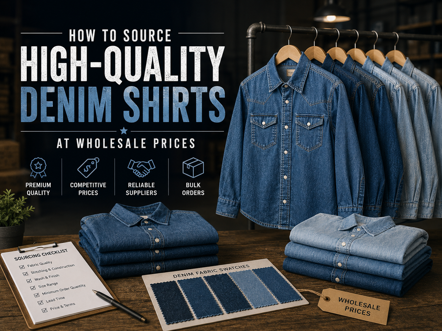 How to Source High-Quality Denim Shirts at Wholesale Prices Wholesale denim shirt collection with folded shirts, fabric swatches, and apparel sourcing setup.