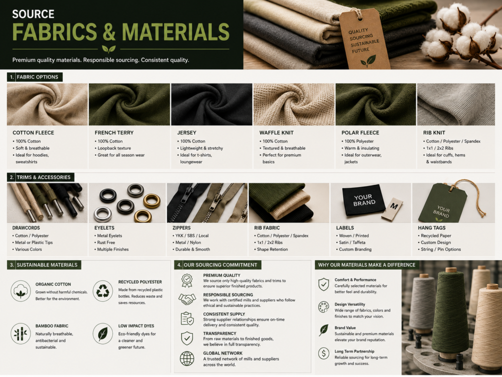 Premium fabric and material sourcing for clothing manufacturing, highlighting quality textiles selected for apparel production.