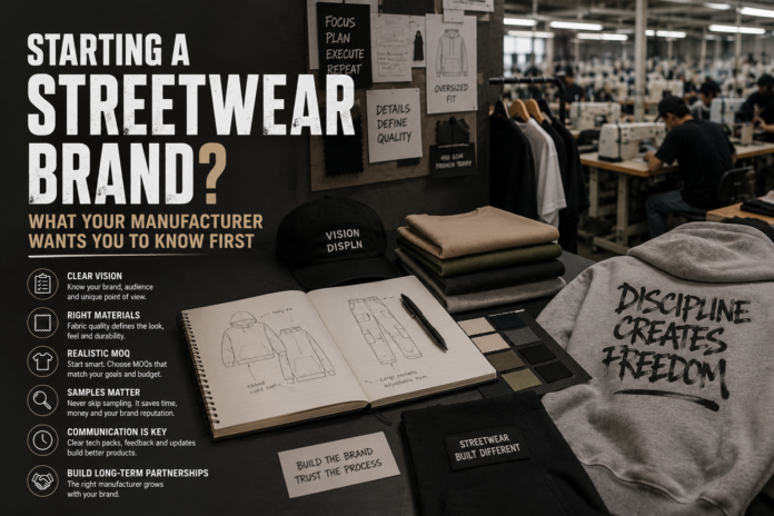 Editorial-style streetwear branding image featuring apparel sketches, fabric swatches, oversized hoodies, manufacturing workspace, and urban fashion product development elements.