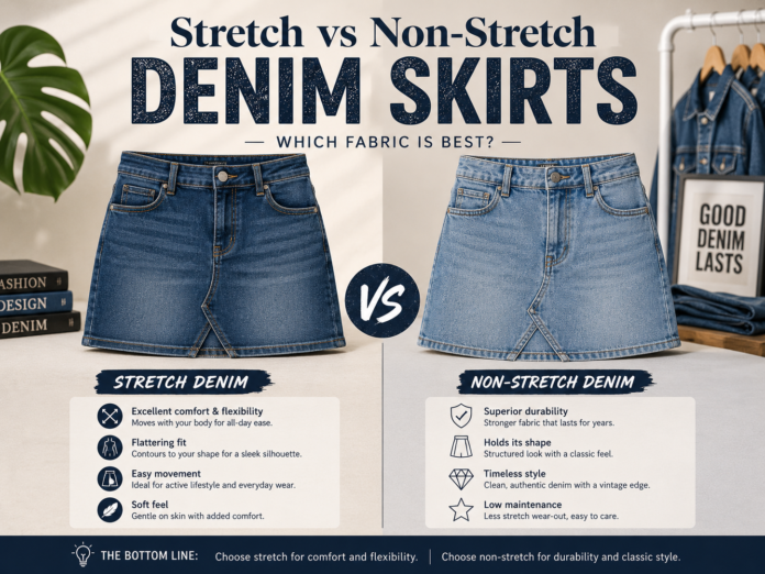Comparison of stretch and non-stretch denim skirts with different fabric textures and skirt styles.