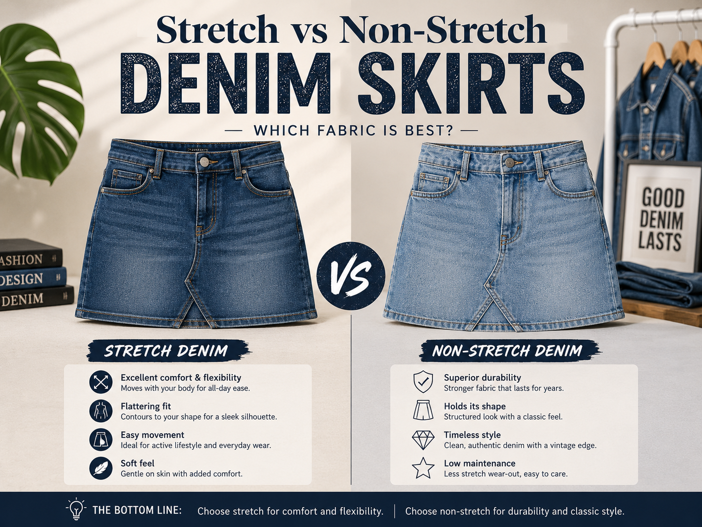 Stretch vs Non-Stretch Denim Skirts — Which Fabric is Best Comparison of stretch and non-stretch denim skirts with different fabric textures and skirt styles.