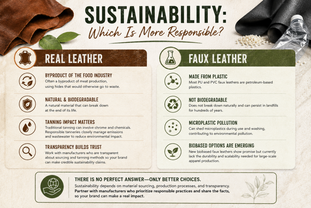 Sustainability comparison infographic showing environmental impact of real leather and faux leather materials