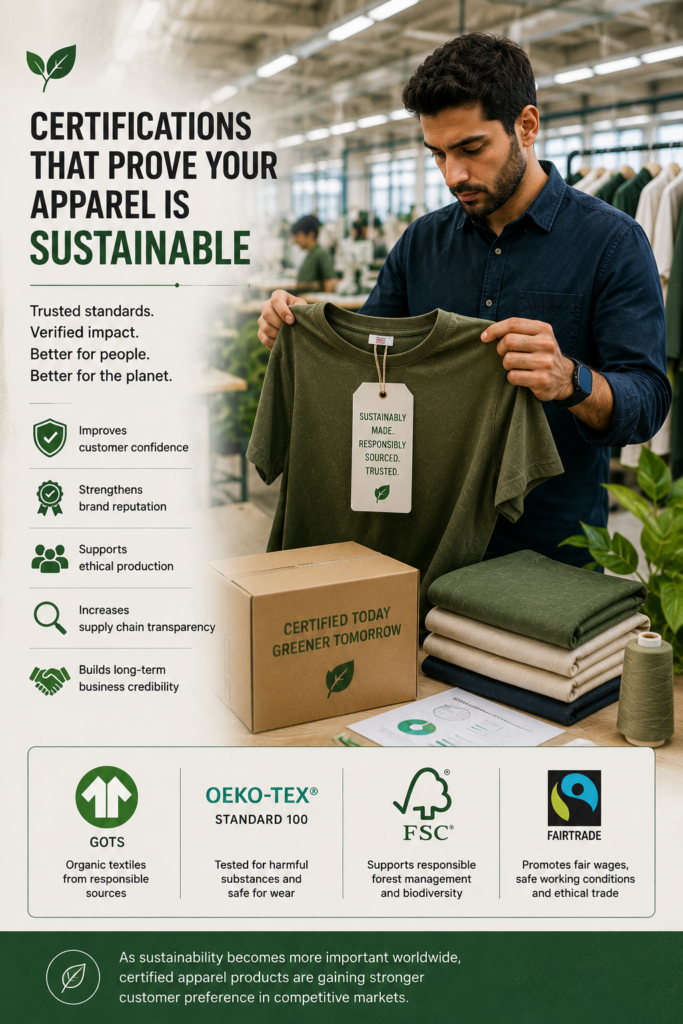 Sustainable Apparel Certifications improving customer trust through certified ethical apparel production, transparent sourcing, and responsible clothing manufacturing inspections.