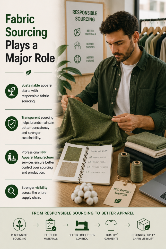 Sustainable Apparel Certifications and responsible fabric sourcing with certified textile materials, transparent sourcing plans, and sustainable apparel manufacturing processes.