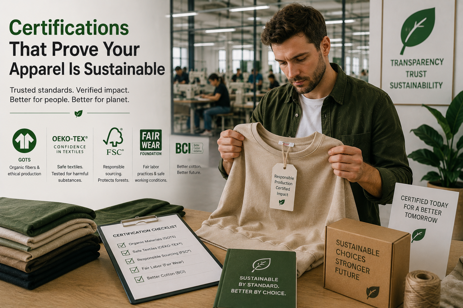 Certifications That Prove Your Apparel Is Sustainable Sustainable Apparel Certifications inspection process featuring certified clothing production, ethical garment manufacturing, eco-friendly fabrics, and apparel compliance verification.