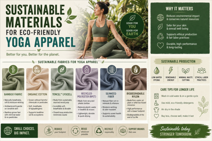 Eco-friendly yoga apparel infographic featuring sustainable fabrics, natural textures, ethical activewear materials, and clean green editorial-style design elements.
