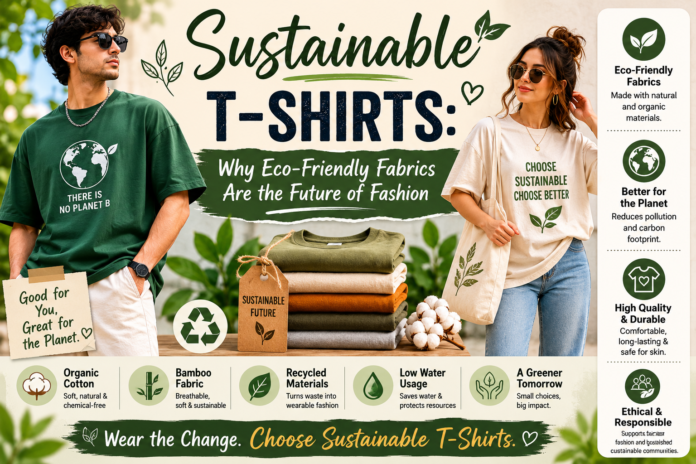 Sustainable T-shirts made with eco-friendly fabrics featuring organic cotton apparel and environmentally responsible fashion styling.