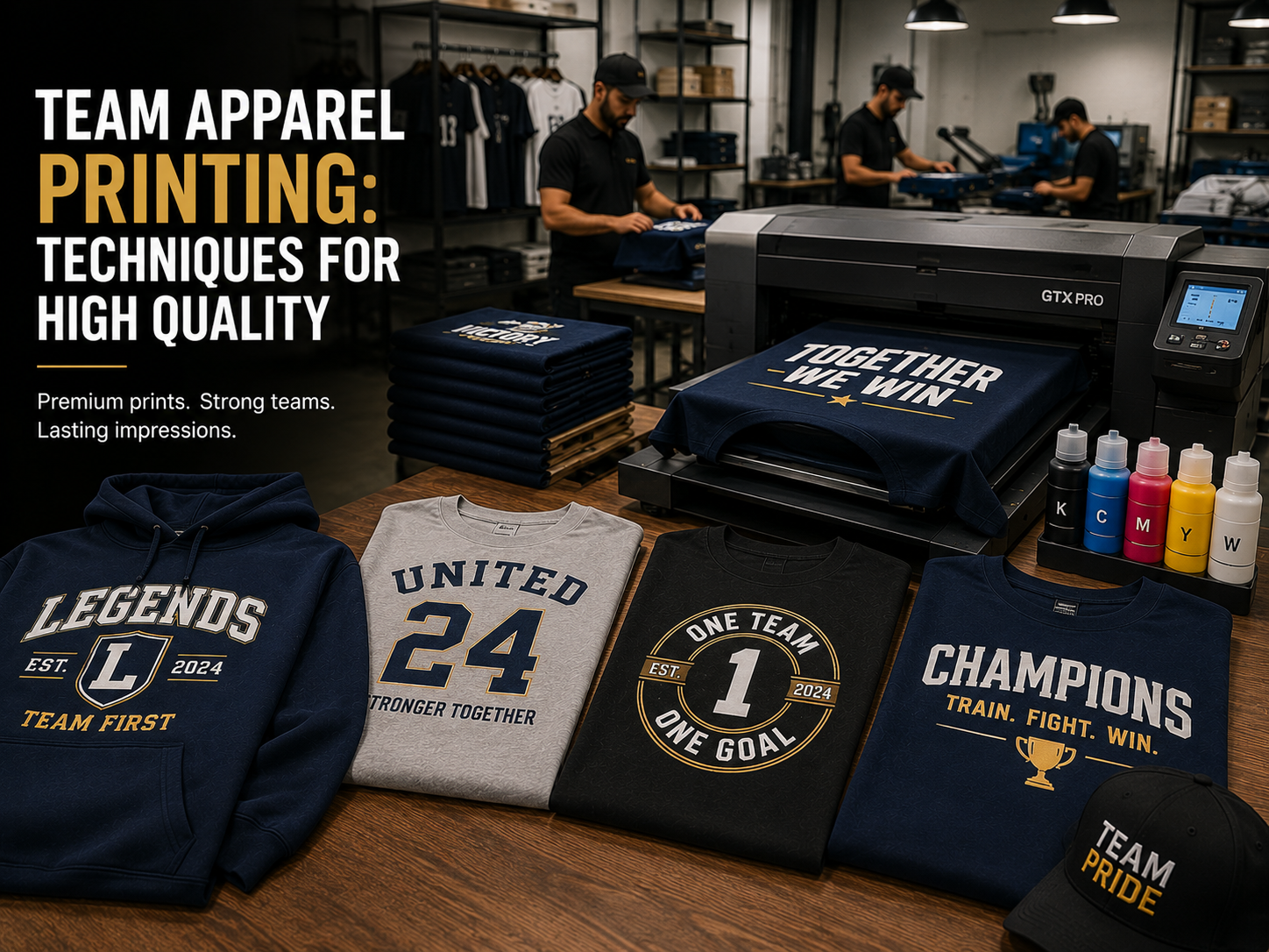 Team Apparel Printing: Techniques for High Quality Custom team apparel printing setup with printed hoodies, t-shirts, and professional printing equipment.