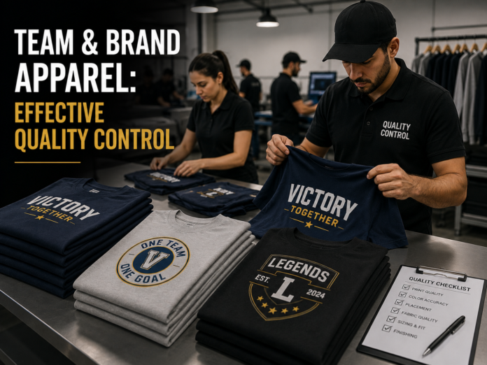 Apparel quality control inspection for custom team and brand clothing inside a modern garment production facility.