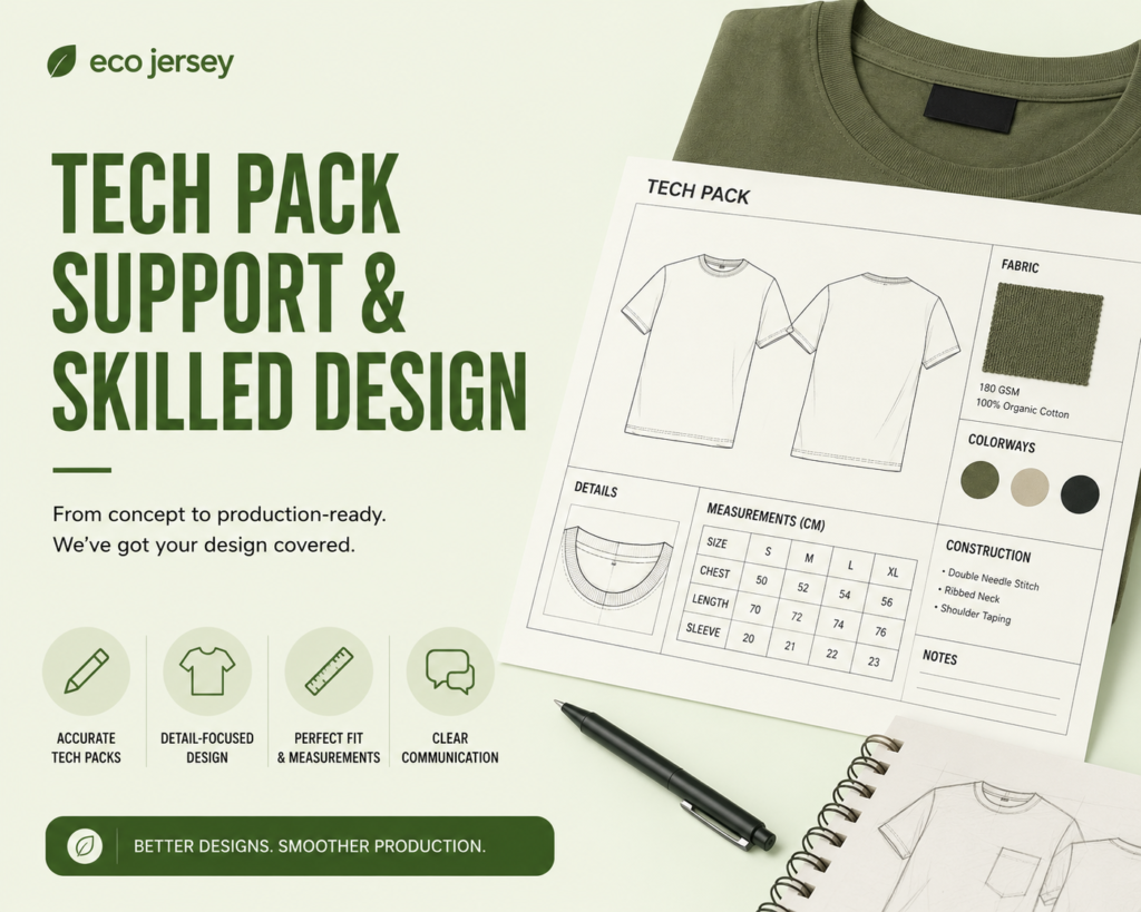 Tech pack support and skilled design for custom clothing manufacturing, showing the role of detailed specifications and expert design in apparel production.