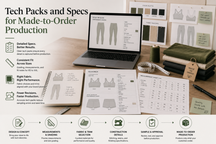 Made-to-order apparel tech pack workspace with garment sketches, fabric swatches, measurement charts, and clothing production specifications.