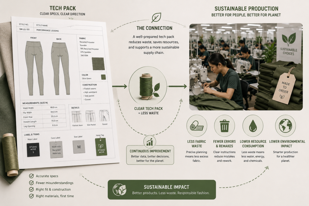 Tech pack document connected to sustainable apparel manufacturing process with garment specifications, fabric planning, reduced waste workflow, and eco-friendly production system.