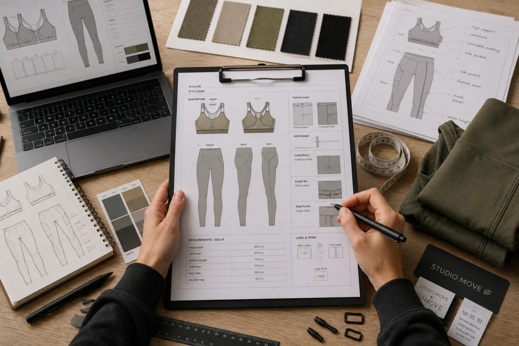 Fashion designer reviewing apparel tech pack with garment sketches, measurements, construction details, fabric swatches, and production specifications.