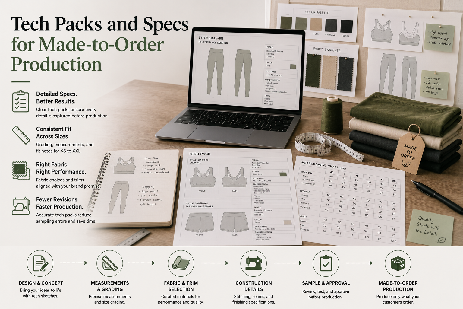 Tech Packs and Specs for Made-to-Order Production Made-to-order apparel tech pack workspace with garment sketches, fabric swatches, measurement charts, and clothing production specifications.
