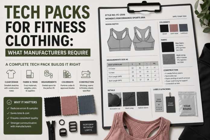 Professional fitness clothing tech pack layout featuring activewear design sketches, fabric swatches, measurement details, trims, and garment development documents in a modern editorial-style scene.