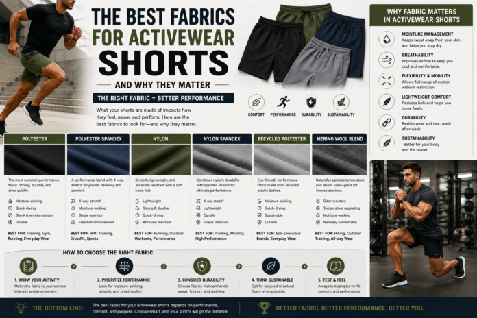 Modern activewear shorts fabric guide featuring performance fabric textures, athletic shorts, and clean editorial-style design focused on comfort, flexibility, and durability.