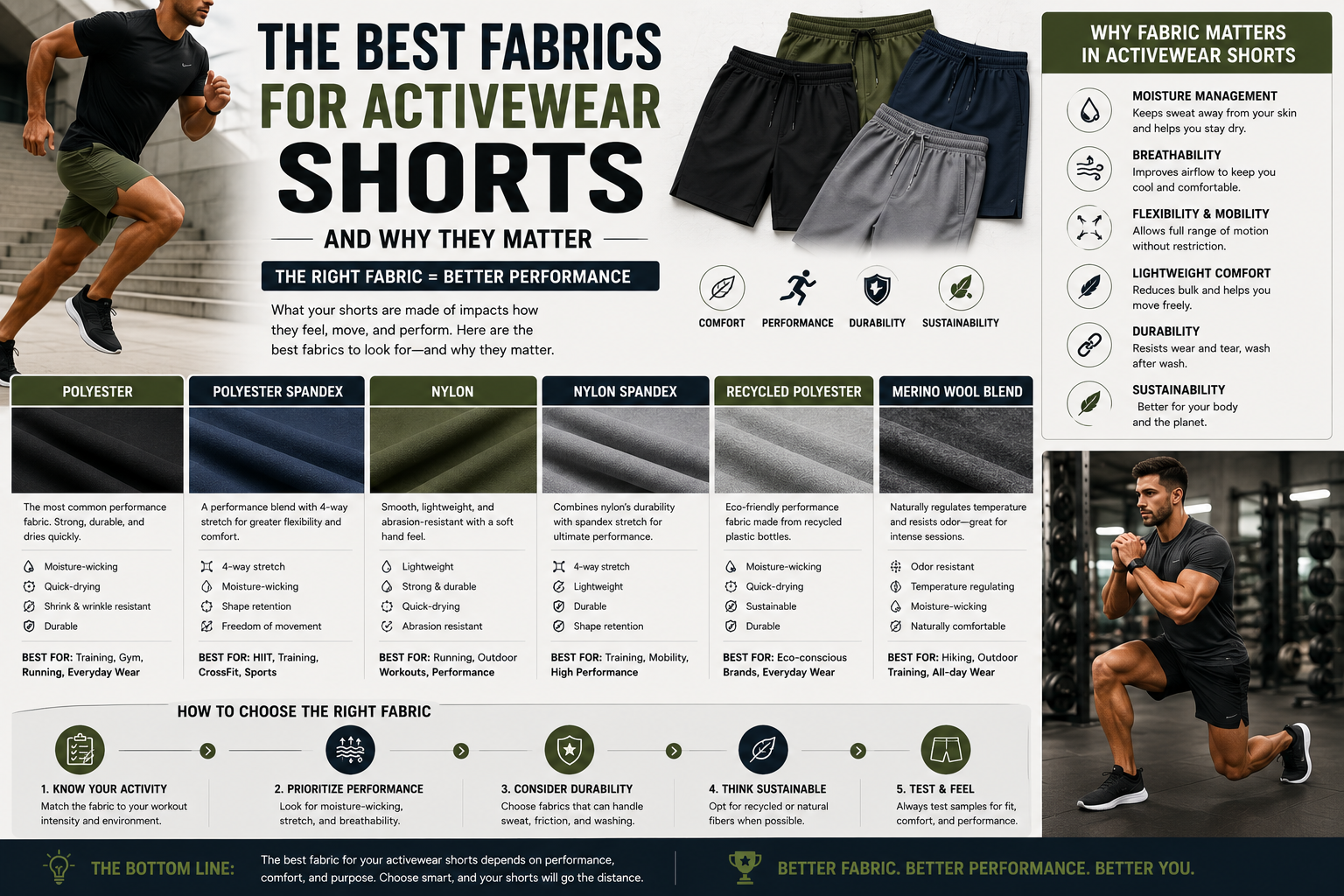 The Best Fabrics for Activewear Shorts and Why They Matter Modern activewear shorts fabric guide featuring performance fabric textures, athletic shorts, and clean editorial-style design focused on comfort, flexibility, and durability.