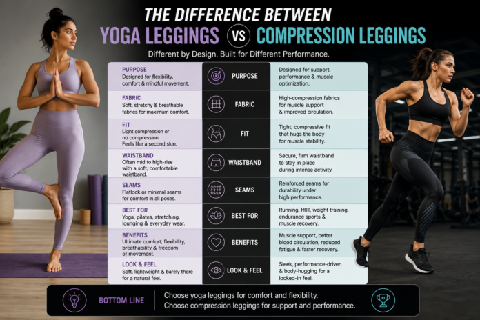 Modern comparison image featuring yoga leggings and compression leggings with athletic styling, performance-focused fabrics, and a clean editorial-style activewear presentation.