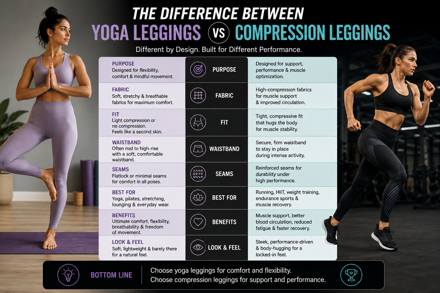 The Difference Between Yoga Leggings and Compression Leggings Modern comparison image featuring yoga leggings and compression leggings with athletic styling, performance-focused fabrics, and a clean editorial-style activewear presentation.