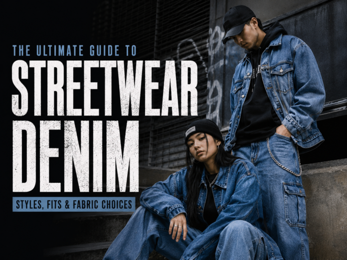 A man and a woman model streetwear denim outfits in an urban setting — the woman sits on concrete steps in a denim jacket, jeans, and black beanie, while the man stands behind her in a matching jacket, jeans, and black baseball cap, with graffiti-covered walls in the background.