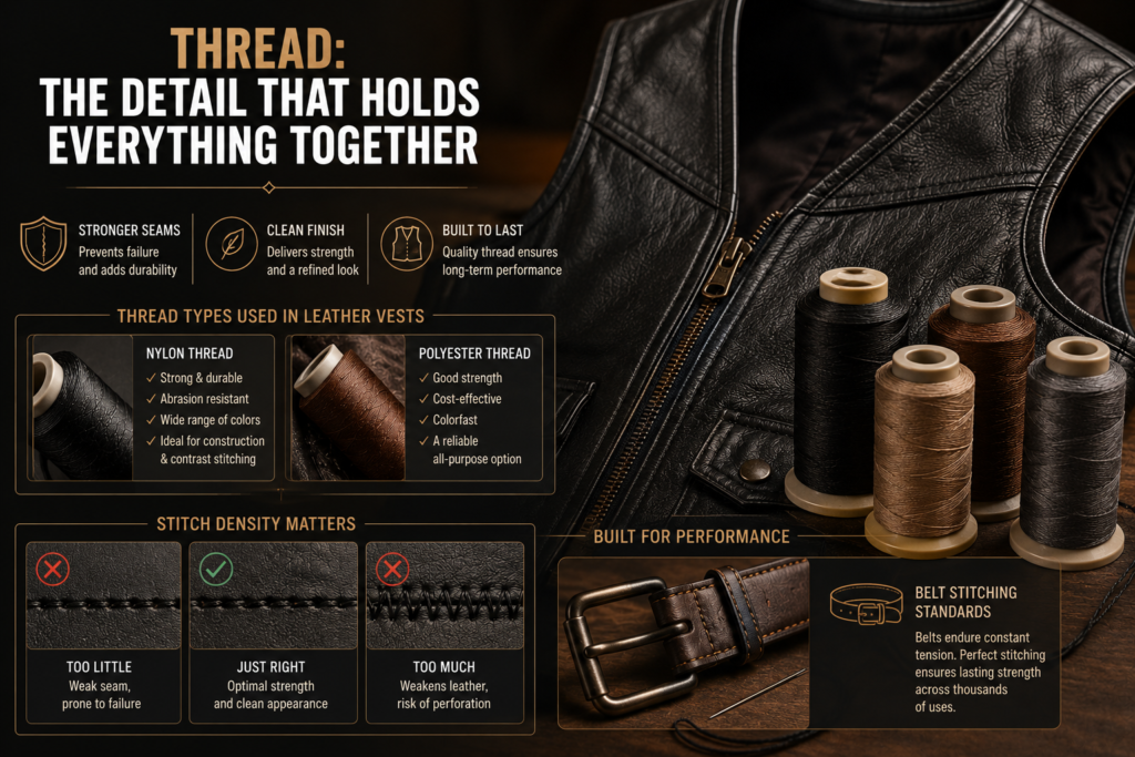 Infographic showing nylon and polyester threads, leather vest stitching quality, and stitch density comparison for leather construction.