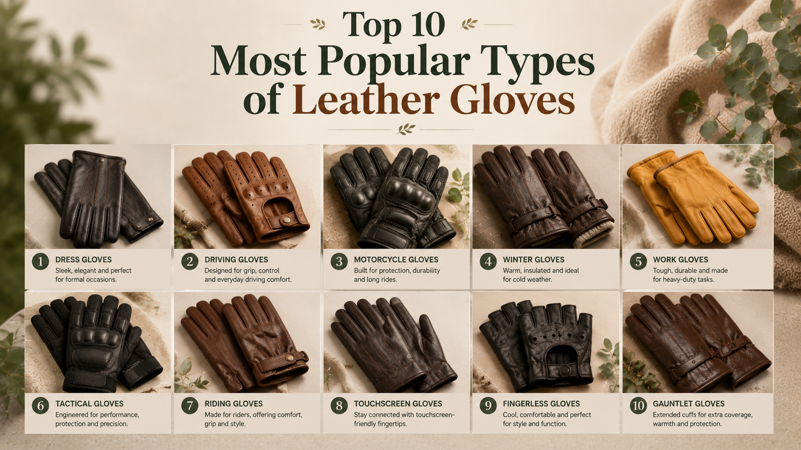 Top 10 Most Popular Types of Leather Gloves Infographic showcasing the top 10 most popular types of leather gloves, including dress gloves, driving gloves, motorcycle gloves, winter gloves, and fingerless gloves in a modern eco-inspired layout.