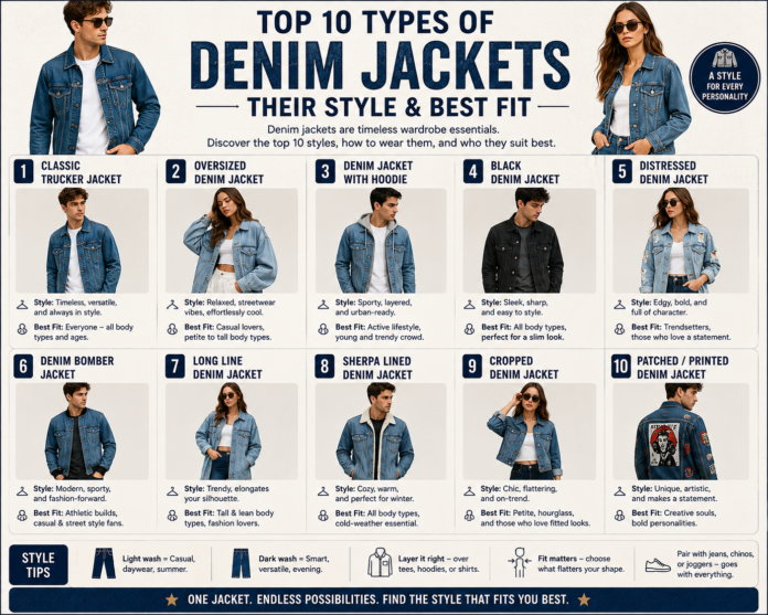 Fashion infographic showing ten popular denim jacket styles including trucker, oversized, bomber, sherpa-lined, cropped, and distressed denim jackets with styling and fit guidance.