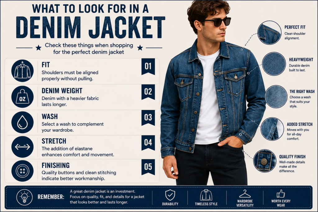 Infographic explaining what to look for in a denim jacket, featuring fit, denim weight, wash, stretch, and finishing details with a male model wearing a blue denim jacket.