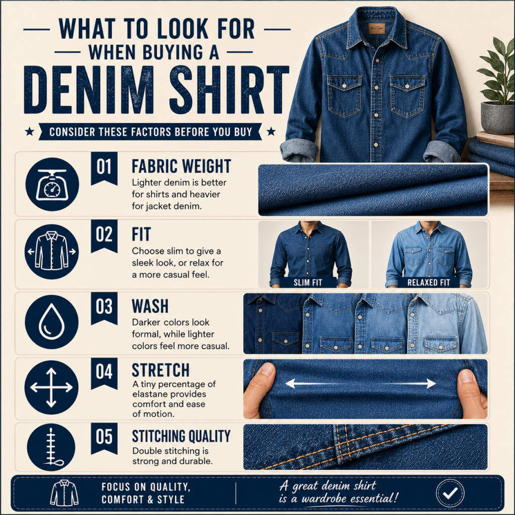 Modern infographic explaining what to look for when buying a denim shirt, featuring fabric weight, fit, wash, stretch, and stitching quality with denim shirt visuals.