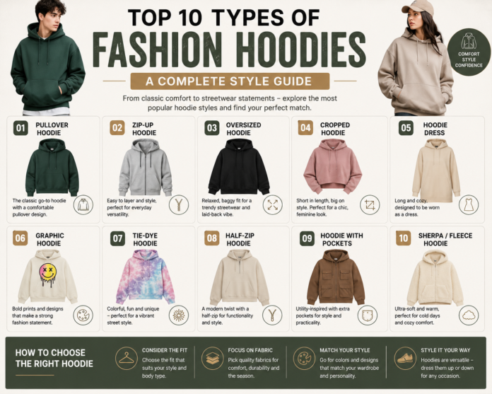 Modern fashion hoodie style guide featuring pullover, oversized, cropped, zip-up, graphic, sherpa, and streetwear hoodies in a clean editorial-style layout.