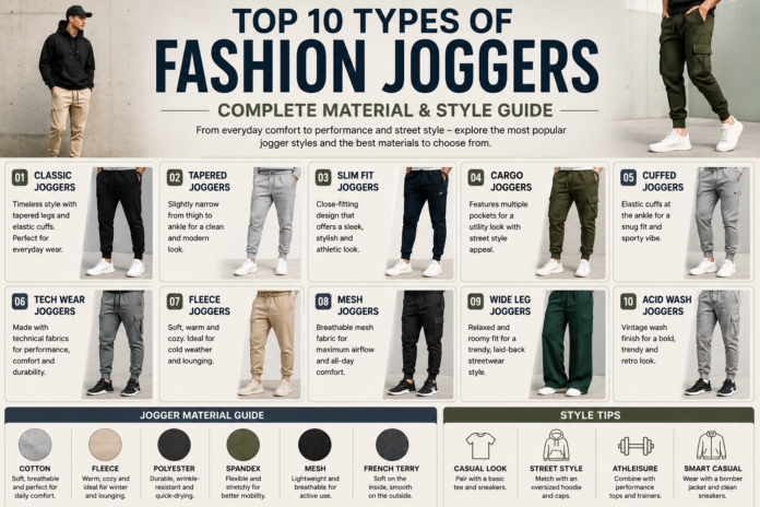 Modern joggers style guide featuring cargo joggers, slim fit joggers, cuffed joggers, fleece joggers, wide-leg joggers, and athleisure streetwear styles.