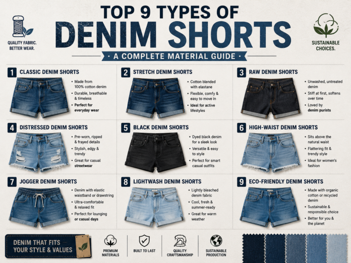 Different styles of denim shorts including classic, distressed, black, and light-wash denim shorts.