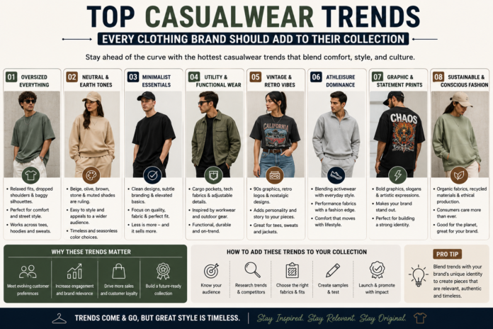 Modern casualwear trends infographic featuring oversized hoodies, relaxed joggers, streetwear essentials, layered outfits, and contemporary everyday fashion styling.