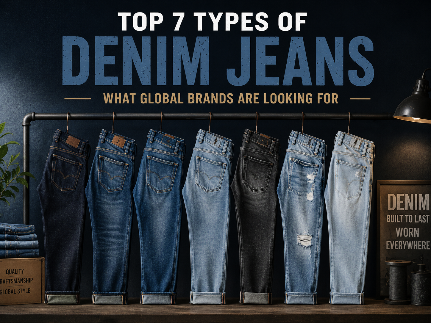 Top 7 Types of Denim Jeans What Global Brands Are Looking For Different denim jeans styles displayed in a modern denim fashion setup with multiple washes and fits.