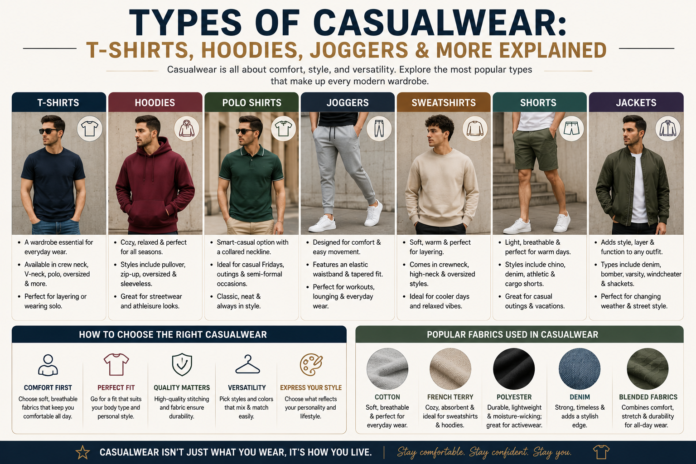 Modern casualwear infographic featuring T-shirts, hoodies, joggers, sweatshirts, shorts, and jackets with clean editorial-style fashion presentation and everyday apparel styling.