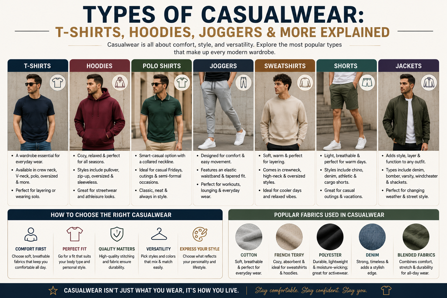 Types of Casualwear: T-Shirts, Hoodies, Joggers & More Explained Modern casualwear infographic featuring T-shirts, hoodies, joggers, sweatshirts, shorts, and jackets with clean editorial-style fashion presentation and everyday apparel styling.