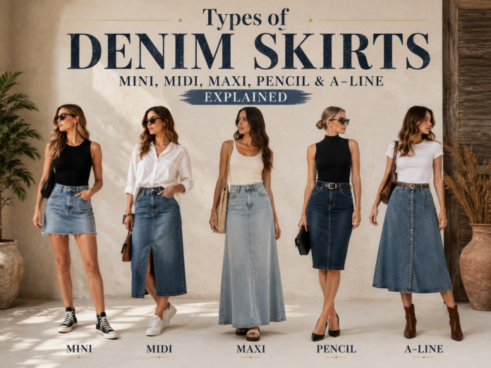 Different denim skirt styles including mini, midi, maxi, pencil, and A-line skirts in a modern fashion setup.