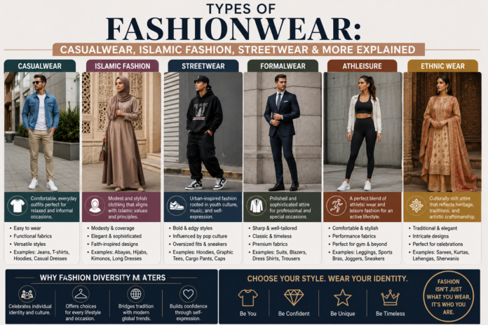 Modern fashionwear comparison infographic featuring casualwear, Islamic fashion, streetwear, formalwear, athleisure, and ethnic wear styles in a clean editorial-style layout.