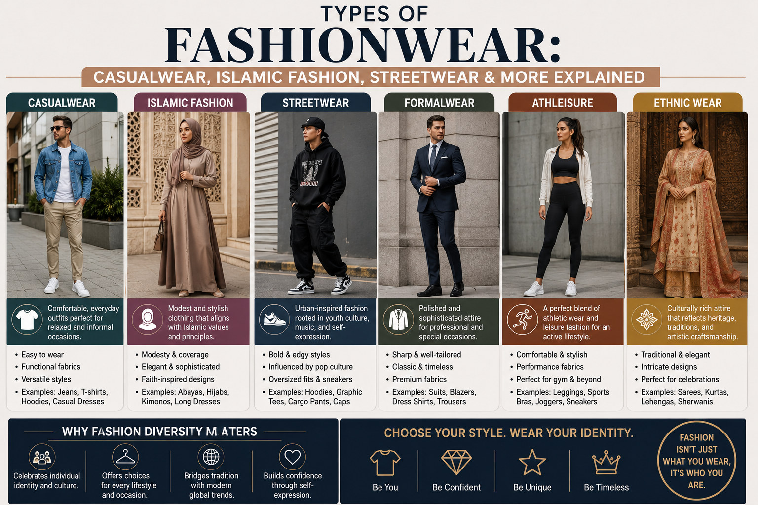 Types of Fashionwear: Casualwear, Islamic fashion, Streetwear & More Explained Modern fashionwear comparison infographic featuring casualwear, Islamic fashion, streetwear, formalwear, athleisure, and ethnic wear styles in a clean editorial-style layout.