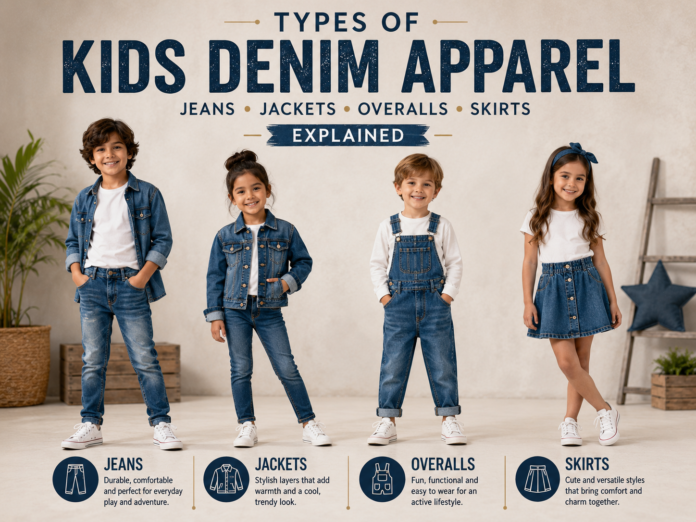 Kids denim apparel collection featuring denim jeans, jackets, overalls, and skirts in a modern fashion setup.