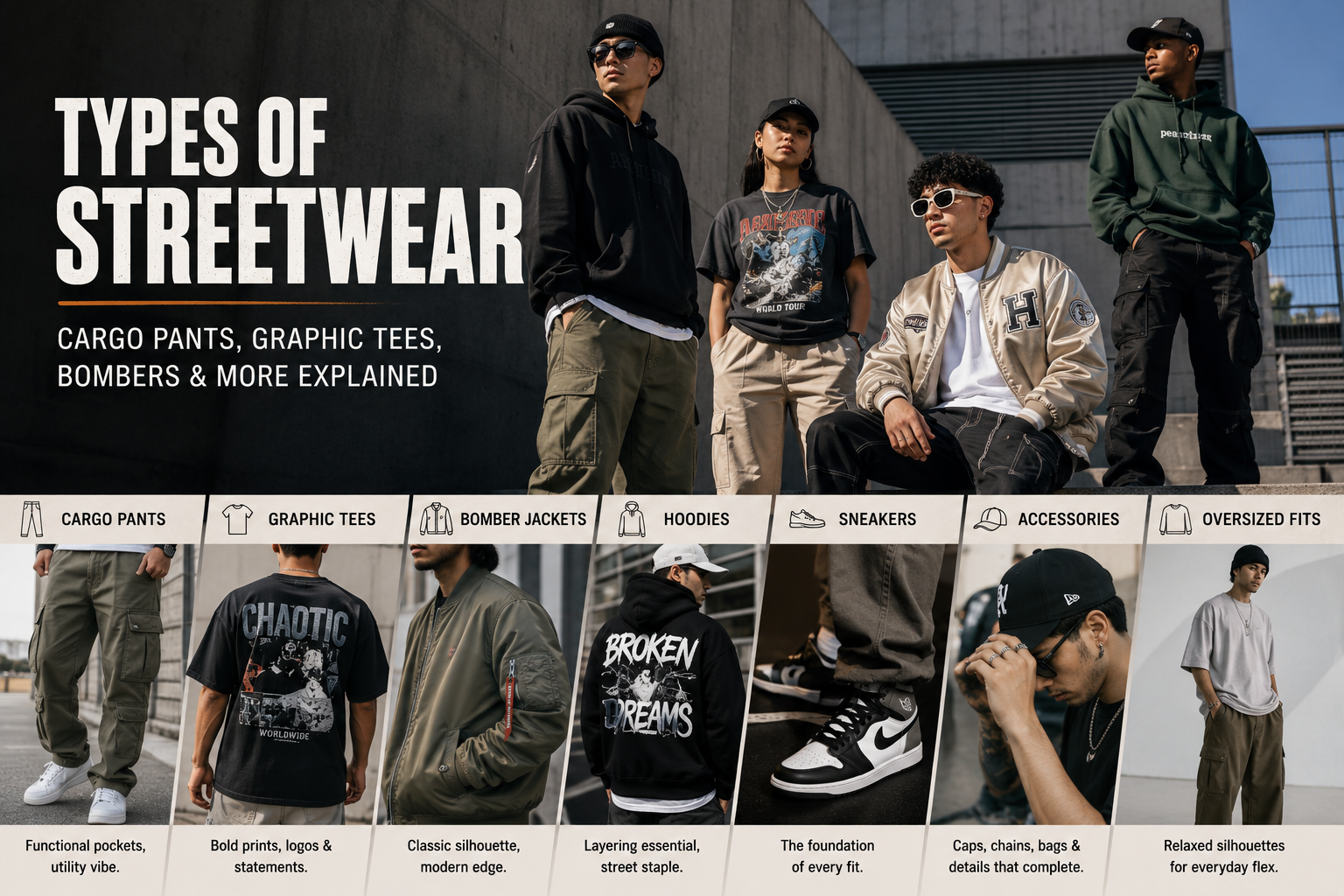 Types of Streetwear : Cargo Pants, Graphic Tees, Bombers & More Explained Modern streetwear fashion collage featuring cargo pants, graphic tees, bomber jackets, oversized hoodies, sneakers, and urban-inspired casualwear styling.